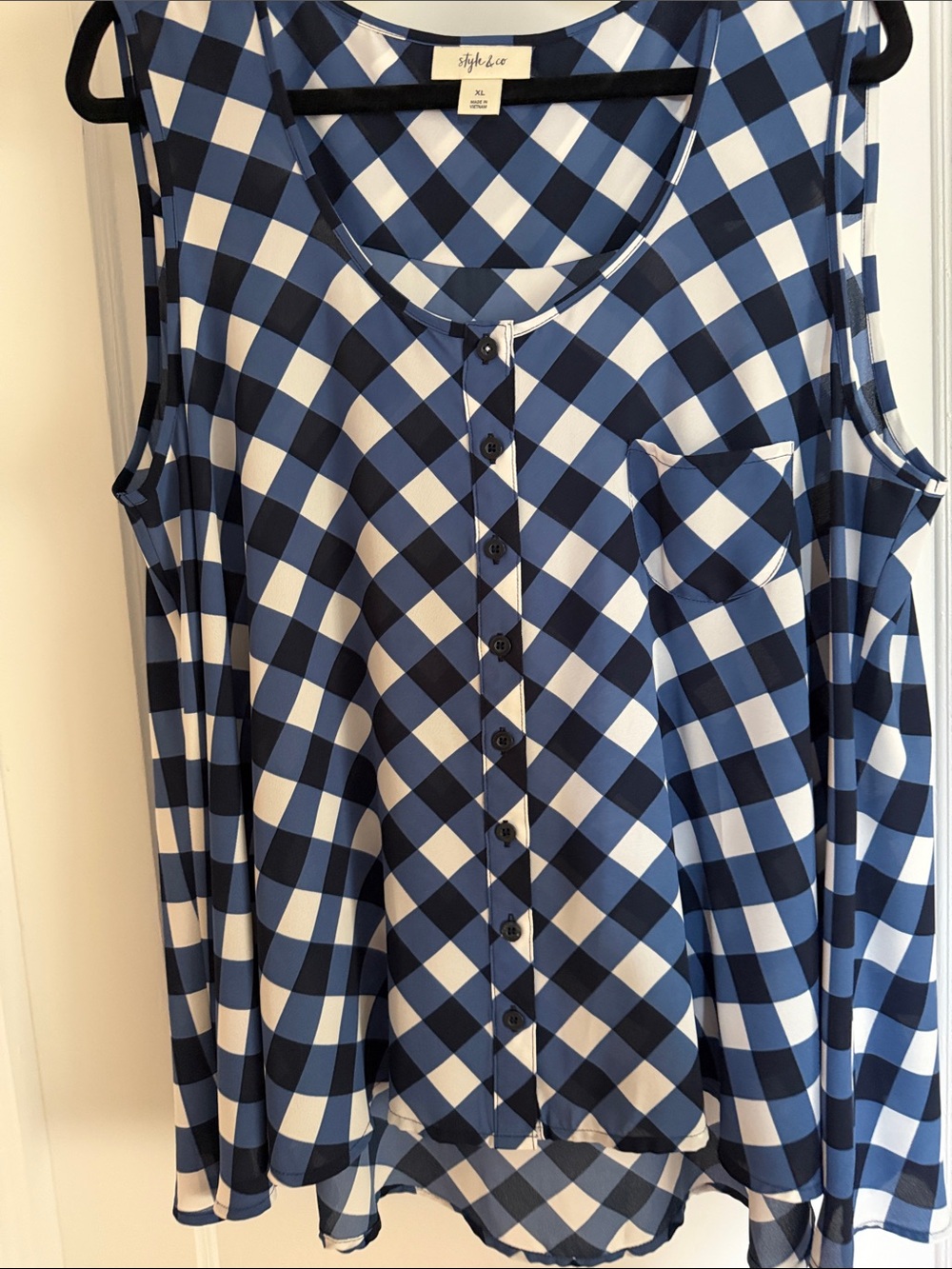 Style & Co. Navy and White Gingham Sleeveless Button-Front Swing Top Size XL - Picture 3 of 4